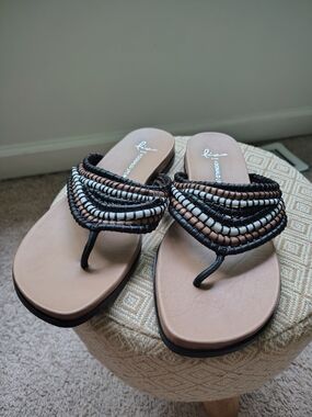 Rina Beaded Toe-Post Sandals in Black and Tan